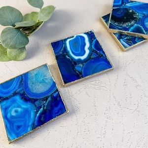 Blue Agate Crystal Coasters, Crystal Rock Coasters, Stone Drinkware, gold edge